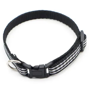 Black and white striped pet collar with durable plastic buckle and metal D-ring for dogs and cats.
