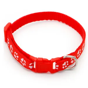 Red paw print pet collar with quick release plastic buckle and metal d-ring for dogs cats.
