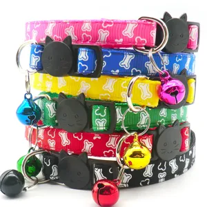 Colorful pet collar with cute bone print and bell for cats and dogs, durable neck strap design.