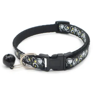 Adjustable pet cat dog collar with bell bubble print detail view, durable nylon material.