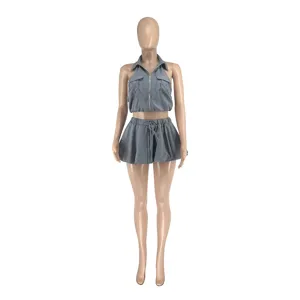 Grey two-piece set detail view, sleeveless lapel zipper crop top and drawstring bubble mini skirt.