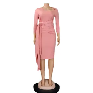 Femme Rose 3/4 Manche Taille Liée Robe Midi Plissée Élégante Tenue de Travail de Bureau Chic