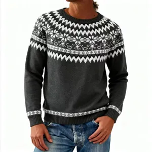 Pull en tricot à manches longues et col rond jacquard Fair Isle gris foncé pour femmes.