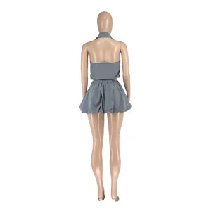 Grey two-piece halter top and bubble skirt set, trendy backless outfit for women.
