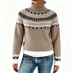 Pull col roulé épais style nordique jacquard slim manches longues pour femme