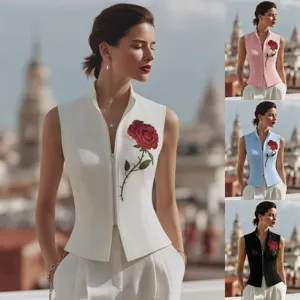 Mujer moda elegante cuello alto sin mangas rosa roja bordado cremallera chaleco