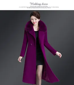 Mid-length purple wool coat detail, elegant lapel with soft fox fur collar, slim fit design.