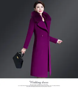 Close-up detail of the elegant purple wool coat featuring luxurious fur collar and slim fit.