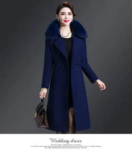 Detail view of a luxury navy blue cashmere coat featuring a plush fox fur collar.