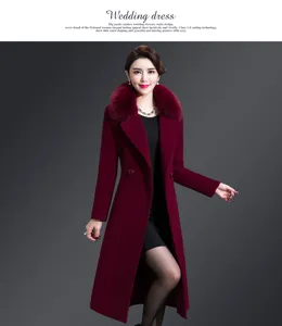 Women double-faced cashmere coat slim long woolen jacket with fox fur collar for winter.