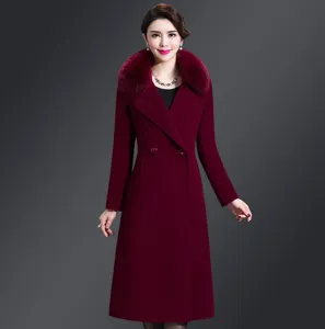 Women mid-length double-sided cashmere wool coat with fur collar slim fit winter outerwear