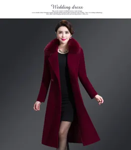 Women's mid-length double-sided cashmere coat with luxury fox fur collar in burgundy color.