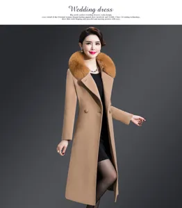 Stylish double-faced cashmere coat mid-length slim women lapel wool jacket fox fur