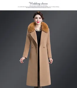 Women mid-length double-faced cashmere coat with fur collar, slim fit elegant winter outerwear.