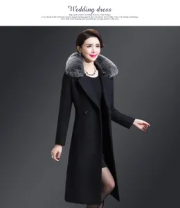 Women's slim double-faced cashmere coat with chic fox fur collar and elegant lapel design.