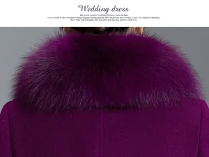 Purple cashmere wool coat with luxurious oversized fur collar, elegante slim fit long winter jacket.