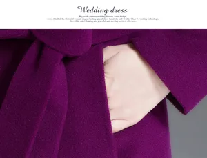 Purple wool blend coat detail view featuring waist belt and deep side pocket design.