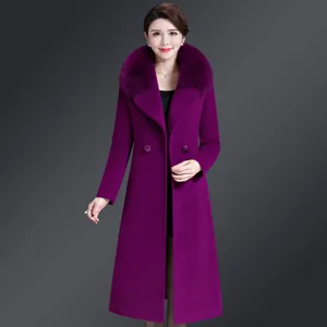 Womens Double Sided Cashmere Woolen Coat Mid Length Slim Fit Lapel Fox Fur Collar Winter Jacket Elegant Trench Coat