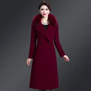Elegant women's mid-length wool cashmere coat with luxurious fur collar for winter style.