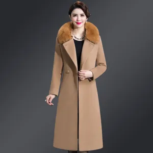 Women slim mid-length double-faced cashmere coat with luxurious fox fur collar camel.