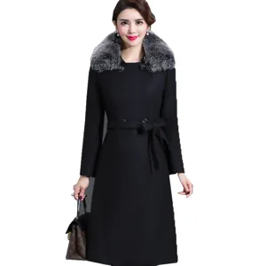 Women black double faced cashmere coat mid length slim wool jacket with fur collar and belt.