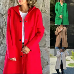 Women's long hooded woolen coat solid color casual winter jacket stylish outerwear.