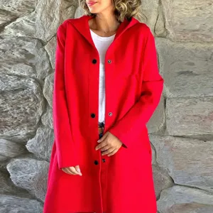 Women plus size red hooded wool coat long sleeve autumn winter fashion outerwear detail.