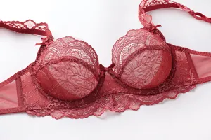 Detailansicht eines dunkelroten Spitzen-BHs mit zarten Blumenmustern und einer süßen Schleife.