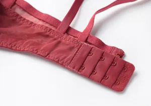Nahaufnahme der hinteren Haken und Träger des sexy Spitzen-Büstenhalters mit feiner Verarbeitung.