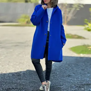 Women's Casual Long Sleeve Hooded Solid Color Wool Blend Coat Winter Button Pockets Loose Outerwear Fashion Trench