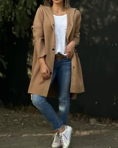 Camel hooded woolen coat detail showing long sleeves and stylish casual outerwear design.