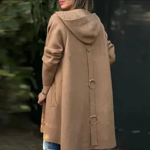 Women's casual solid color hooded long sleeve woolen coat with back metal ring detail.