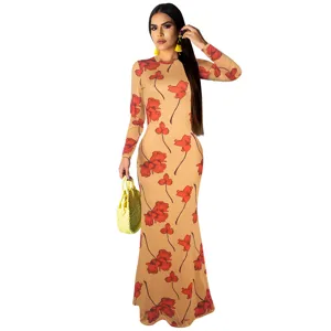 Detailed view of the elegant long-sleeve floral print maxi dress in autumn style, slim fit.