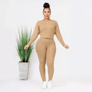 Women solid color cable knit two piece set long sleeve sweater and high waist pants casual.