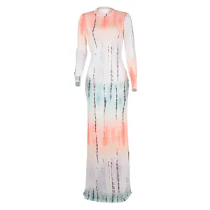 Detailed view of long sleeve tie-dye maxi dress, elegant slim fit printed long dress.