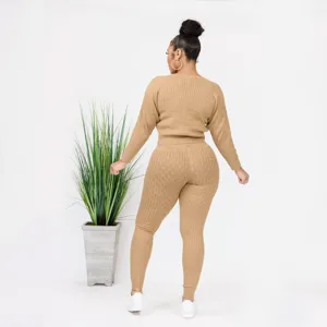 Women khaki cable knit sweater and high waist long pants two piece set casual outfit.