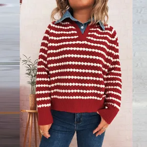 Women's Casual Striped Fake Two-Piece Knitted Sweater Denim Patchwork Lapel Long Sleeve Pullover Autumn Winter Fashion Top