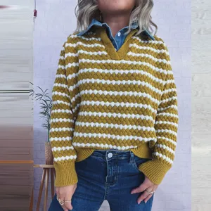 Detailed view of the stylish striped fake two-piece sweater with denim lapel and knit texture.