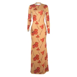 Long sleeve floral maxi dress slim fit high neck casual elegant autumn fashion women clothing