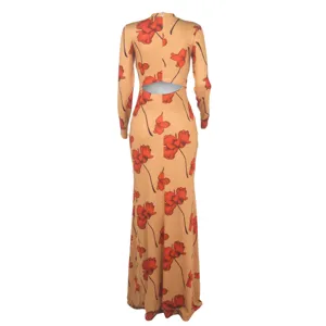 Backless design with high neck and vibrant red floral print details on long sleeve dress.