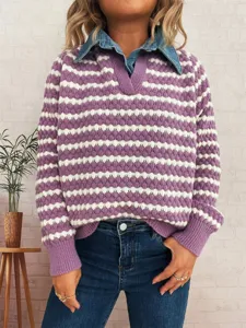 Detail view of purple and white striped knit sweater with denim collar layered style.