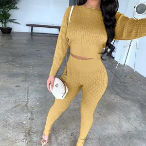 Women's Casual Solid Color Knit Sweater And High Waist Long Pants Set Long Sleeve Pullover Top Acrylic Two Piece Tracksuit