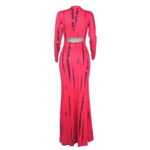 Women Sexy Long Sleeve Tie Dye Maxi Dress Slim Fit High Neck Backless Fall Dress