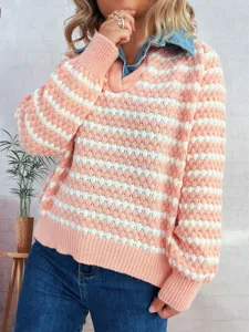 Chic pink white striped fake two-piece knit sweater with denim lapel for women winter