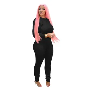 Women solid color knit sweater and high waist pants two piece set black casual outfit details.