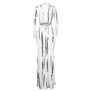Back cutout detail and black tie-dye pattern on white long sleeve maxi dress back view.