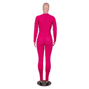 Women's solid color knit sweater and high-waist long pants set, back view detail display.