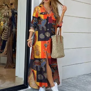 Damen Vintage Druck Langarm Hemdkleid lässiges Button-Down Maxi Kleid für den Alltag.
