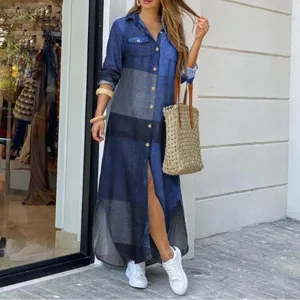 Damen langarm jeanshemd kleid knopfleiste maxikleid freizeit mode bekleidung