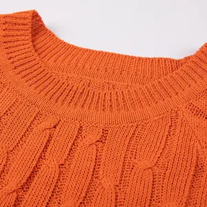 Orange cable knit sweater collar detail close up, soft knit texture and stylish round neck design.